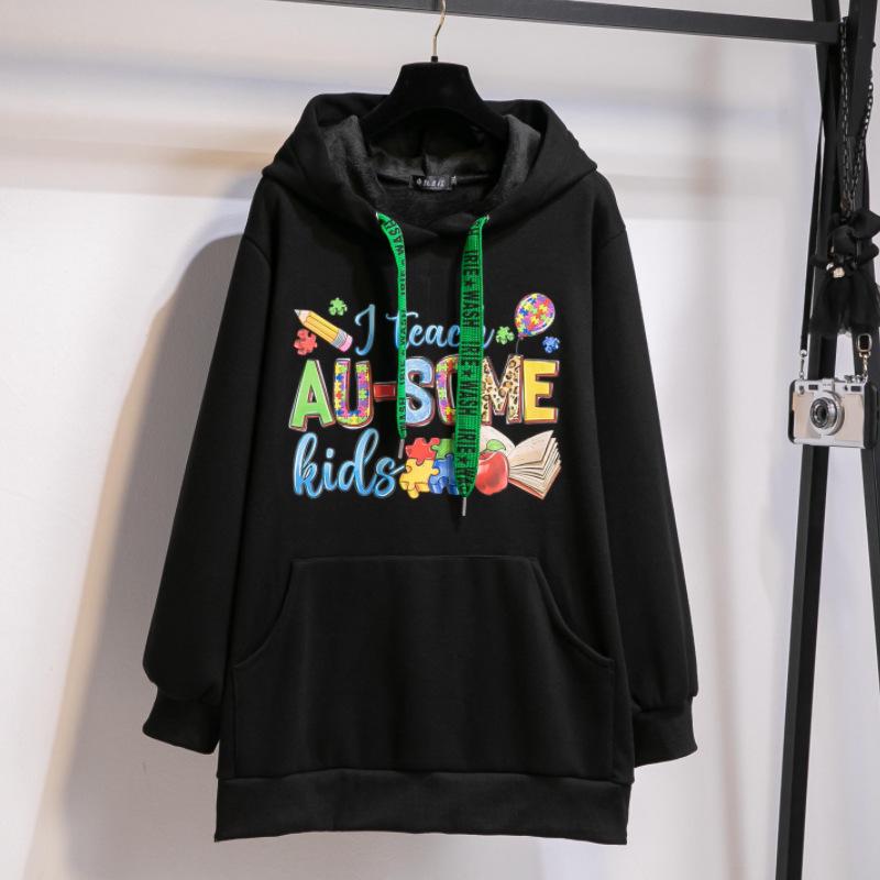 Dámská mikina s kapucí nadměrné velikosti - Podzim/Zima, Volný střih, Dlouhý rukáv, Trendy design s nápisem, Americký styl bez chloupků.