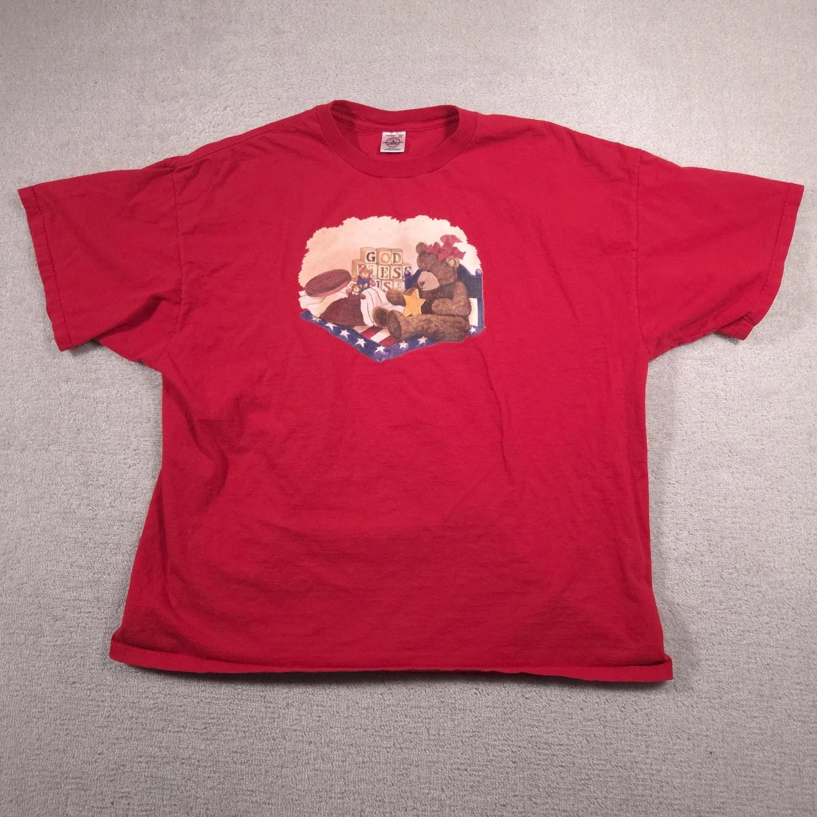 

Vintage Delta Pro Weight Shirt Mens 3XL Red God Bless USA Teddy Bear Graphic 160