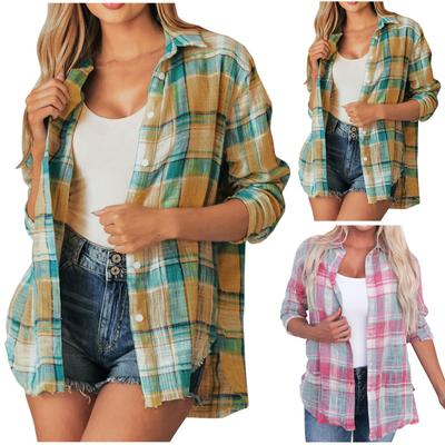 Damenmode Lässig Einreihig Locker Patchwork Farbe Karomuster Langarm Hemd Mantel