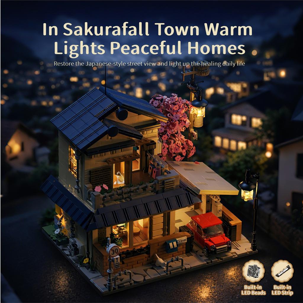1935Pcs Cherry Blossom Villa Street Scene With Lights Building Blocks Set, House Assembly Toy, Desktop Ornament, Birthday Gift