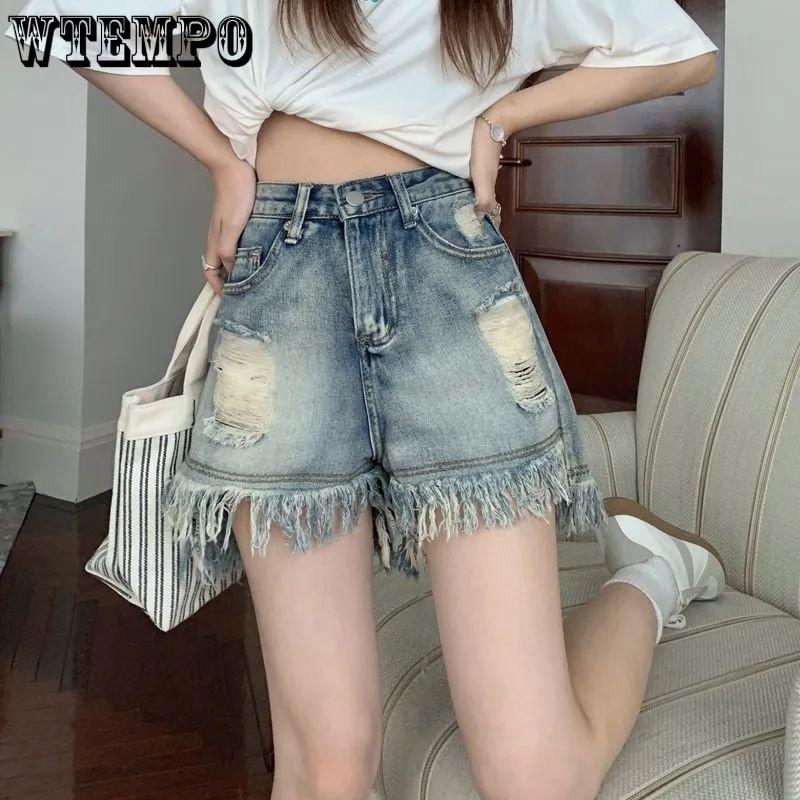 

WTEMPO джинсовые шорты, летние женские дышащие широкие брюки с высокой талией, свободные шорты с меховой отделкой M синий