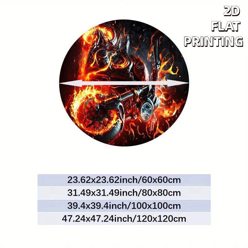 Flaming Motorcycle Round Rug Biker Rebel Style Flannel Floor Mat for Man Cave Garage Game Room Decor Fiery Non Slip Washable