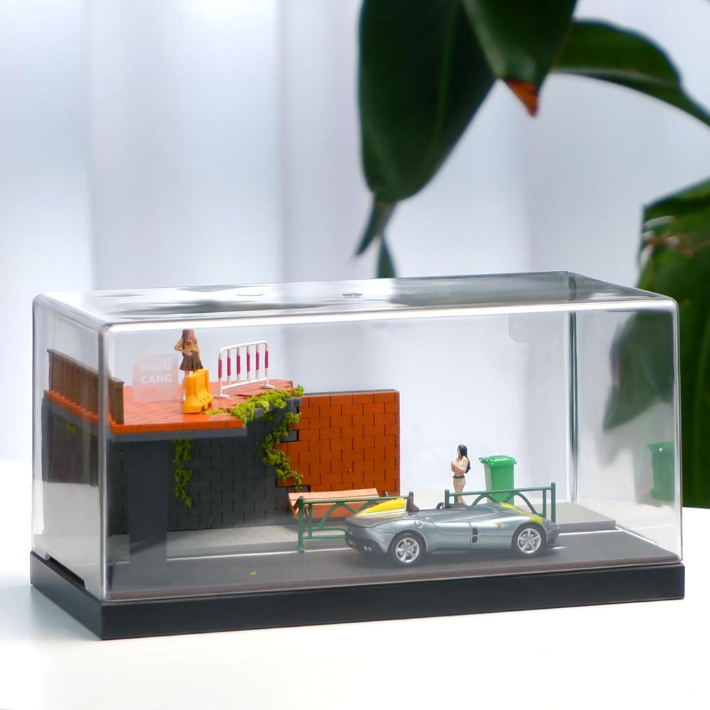 Shoucangjia Display Case for Hot and Matchbox Cars Scale Model Garage with Dust Street Fence Scene Diorama Parking Showcase Tomica, Wheels, 164