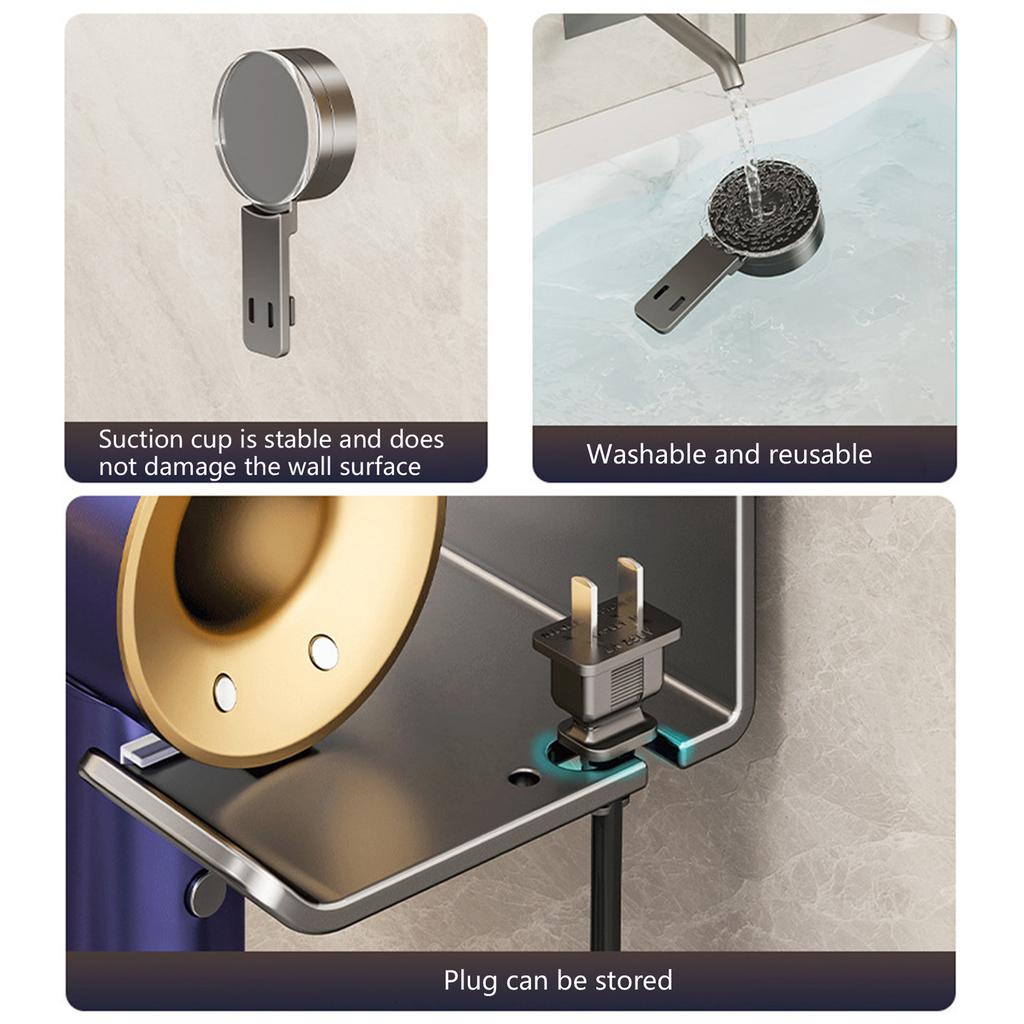 Carbon Steel & ABS Wall Mounted Blow Dryer Rack with Suction Cup for Hassle Frees Installation & Strong Load Bearing