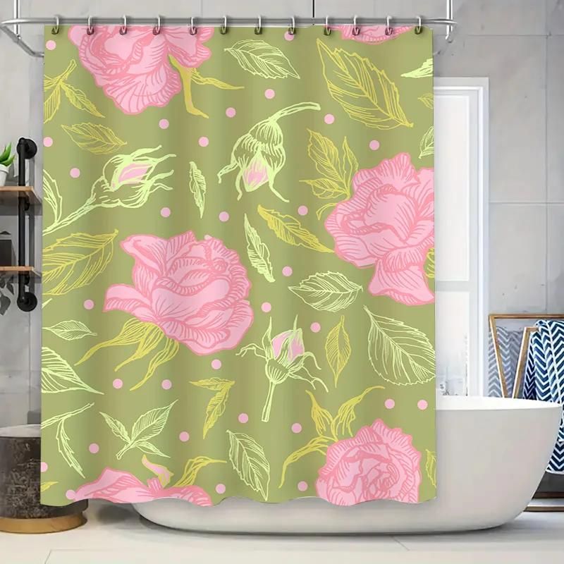 

Vintage Floral Shower Curtainpink Peonies Green Leaves Olive Green Bath Mat Decor For Home Bathroom Decoration W60H190(CM)-1 Pcs