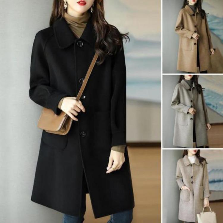 Winter Coat Women Thermal Overcoat Turn Down Collar Long Sleeves Loose Fit Cardigan Single Breasted Pure Color Pockets Commuting Dating Winter Jacket