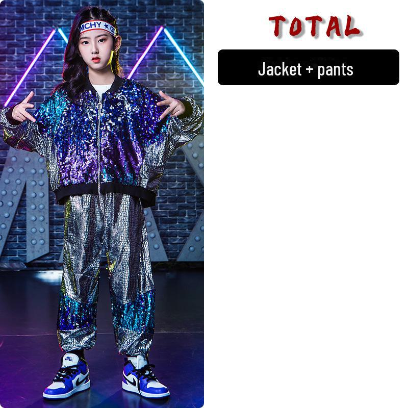 

Детский новогодний костюм для представления: Костюмы для уличных танцев в стиле хип-хоп с серебряными пайетками для мальчиков и девочек 140 cm