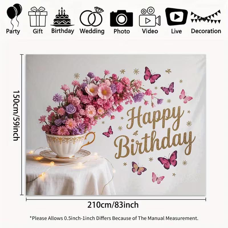 2D Pink Floral Butterfly Birthday Backdrop Elegant Teacup Flower Background for Girls
