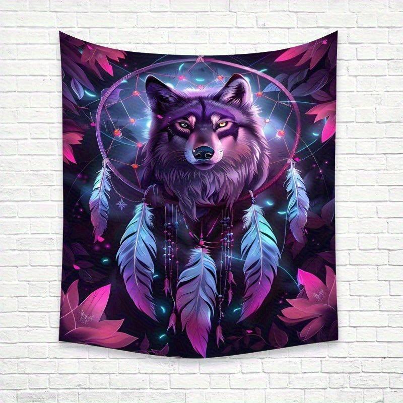 Textilien Unisex Peach/Light/Beige 1Pc Dreamcatcher Wolf Tapestry - Polyester Camping Scene Backdrop With Vibrant Neon Feathers & Dreamcatchers,
