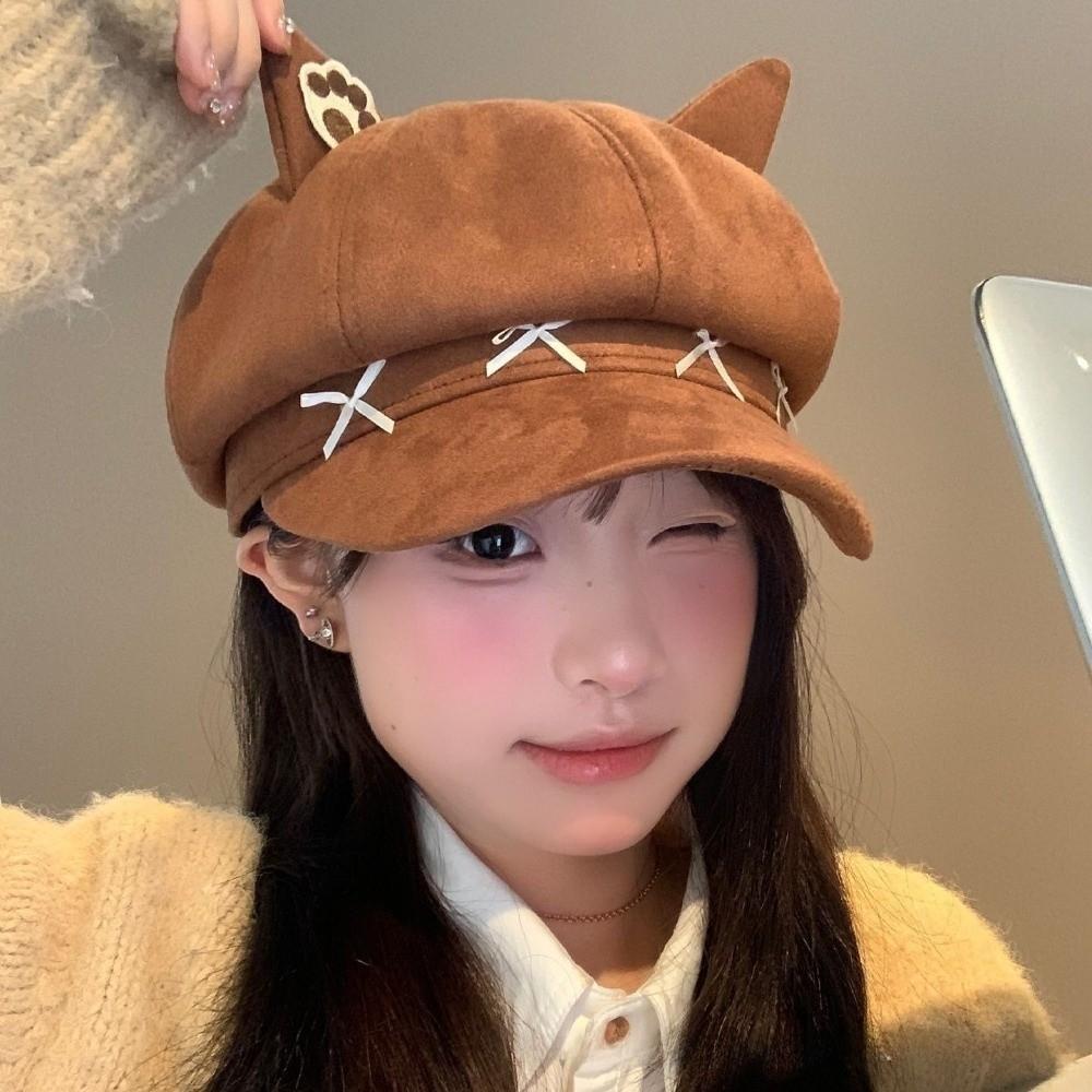 Warm Hat Newsboy Cap Sweet Bow Design Plush Beret New Painter Hat  for Autumn Winter Season