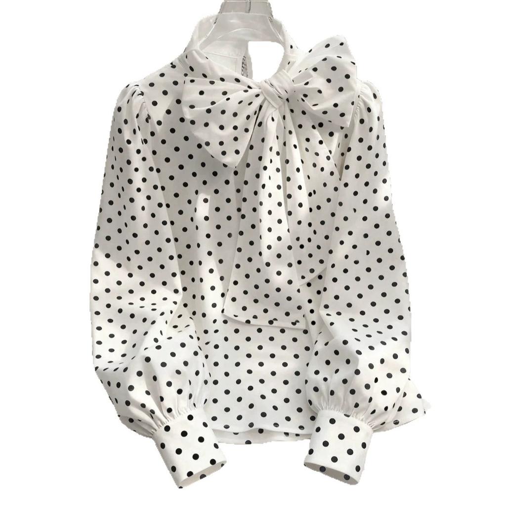 European and American New Streamer Bow Shirt, French Commuter Retro Polka Dot Gentle and Thin Top