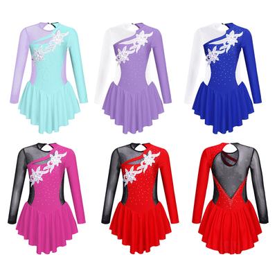 Rochie de patinaj elegantă pentru fete, cu mâneci lungi, gât rotund, strasuri strălucitoare în formă de floare, spate gol, patchwork, rochie de dans elegantă