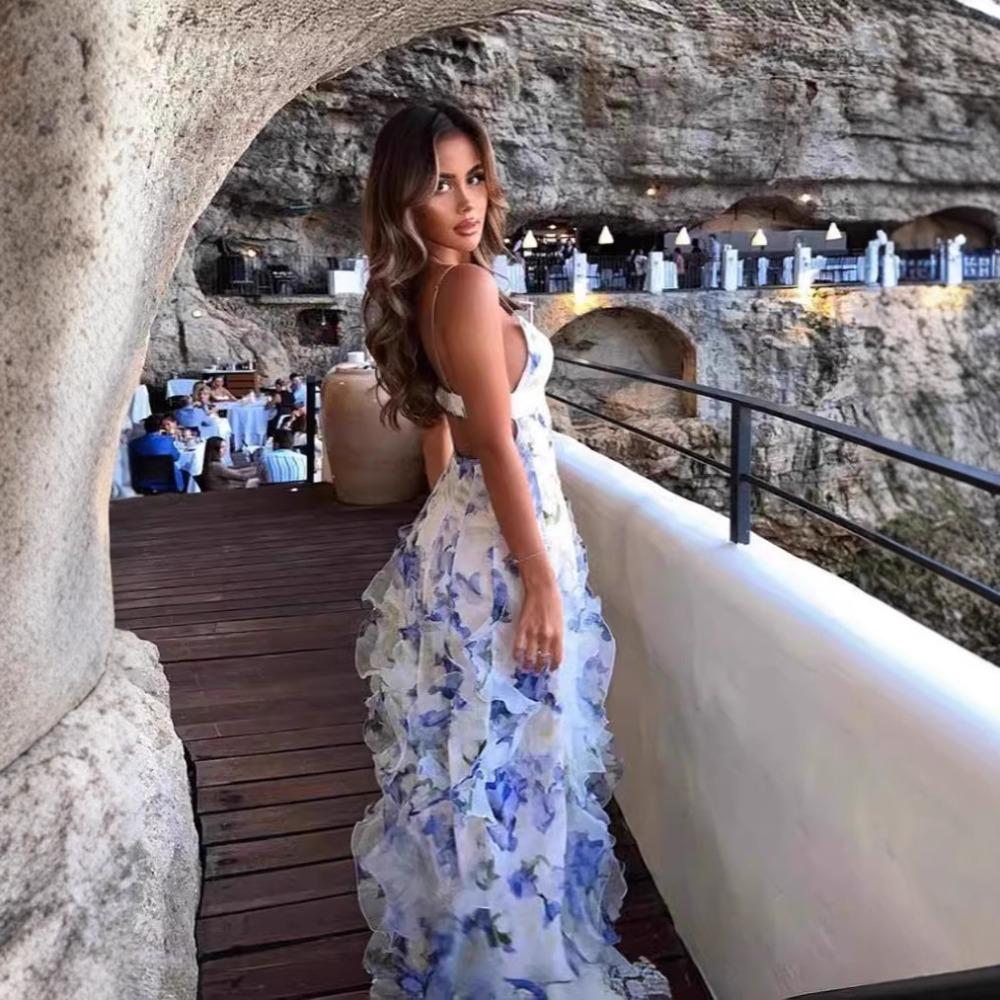 Off-the-shoulder European and American Women's Clothing Fashion Chiffon Printing Fairy Long Temperament Evening Dress Dress