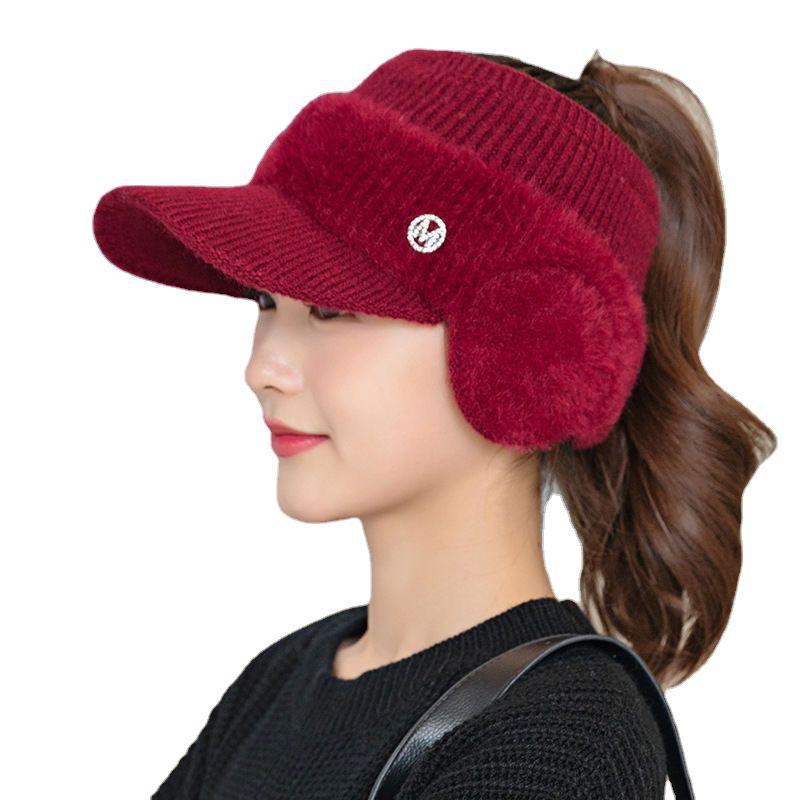 Women's Winter Earmuff Hats: Fashionable, Knitted, Polyester-Wool Cycling Caps with Hollow Top