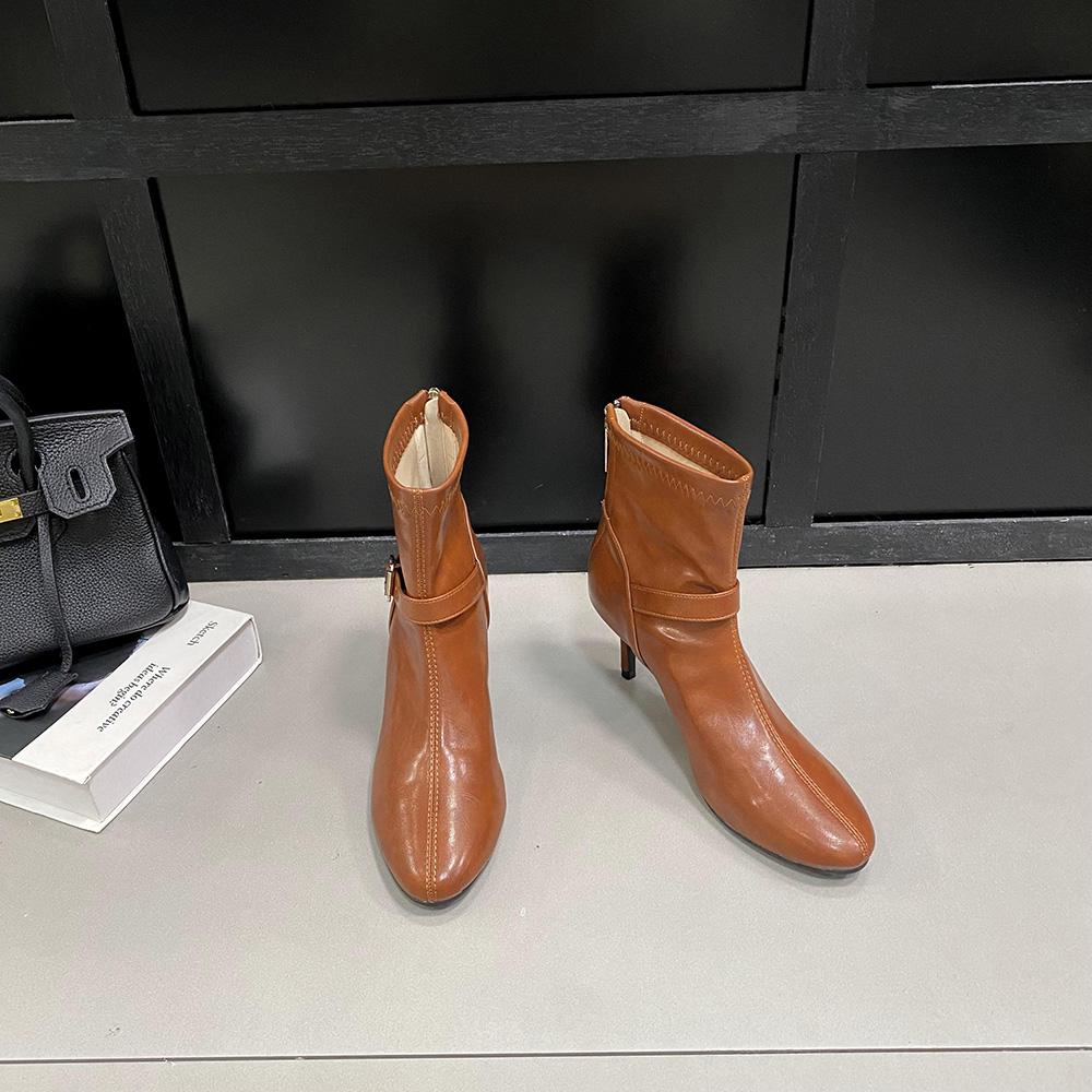 

модные женские ботильоны с круглым носком, эластичные ботильоны на тонком каблуке, черные, коричневые, белые, без застежек, женские, размер 35-40, туфли-лодочки 250 коричневый