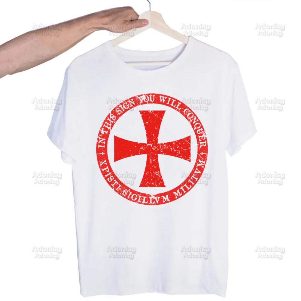 Medieval Knights Templar Printed T Shirt Men Retro Washed Tops Tees Harajuku Tshirt Streetwear Hip Hop Male T-shirts