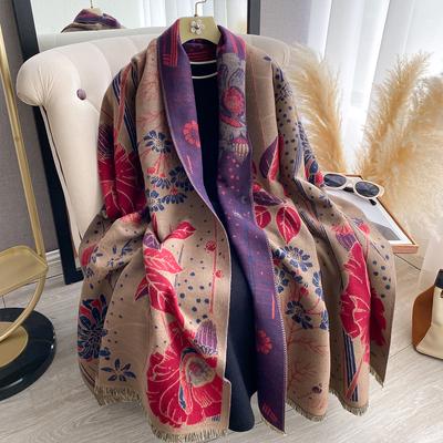 Luxury Winter Women'S Cashmere Scarf - Floral Design Warm Pashmina Thick Shawl Poncho Blanket Foulard Bufanda