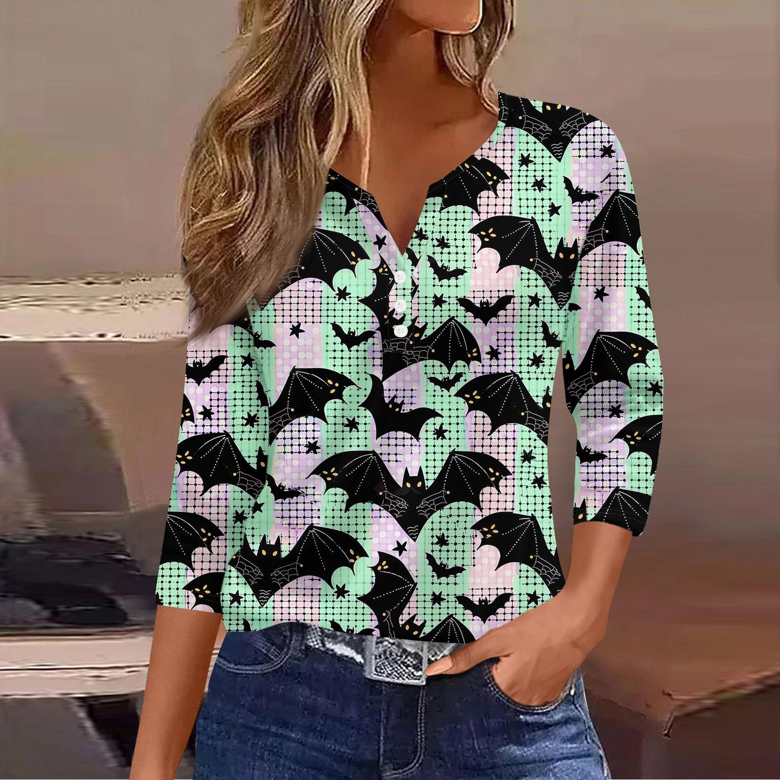 

Женские топы с рукавом 3/4, с принтом на Хэллоуин, винтажная мода, повседневные, свободные, с V-образным вырезом, больших размеров XXL зелёный