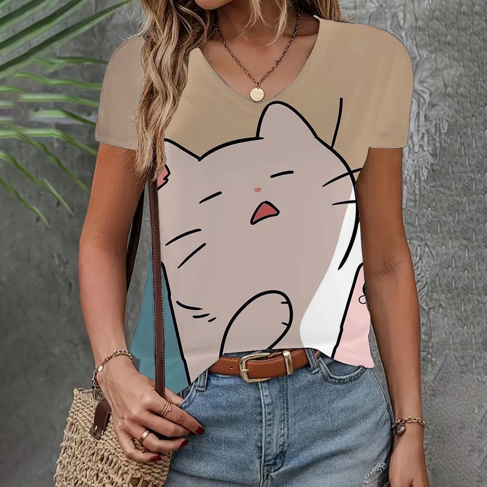 Summer New T-shirt Women's Clothing Loose Casual Short Sleeve Fashion Cat Print Top V-neck Elegant Clothing Women's T-shirt 2024