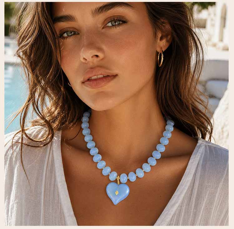 Rainbow Resin Bead Necklace for Women, Chunky Pave Crystal Large Heart Pendant, Dopamine Summer Beach Y2K Statement Jewelry