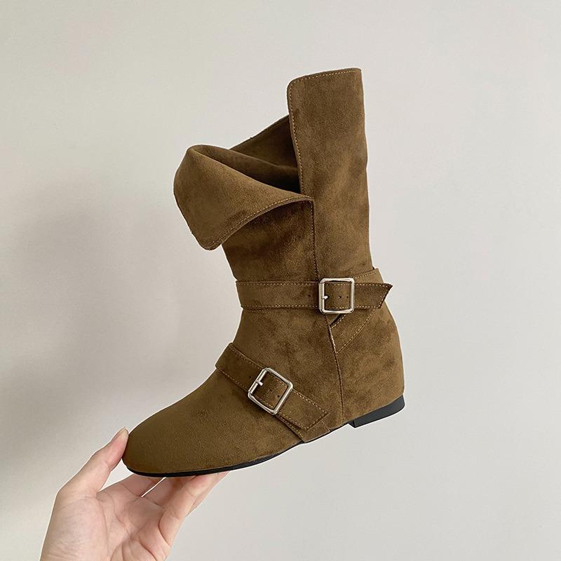 Retro Belt Buckle Mid-leg Boots Women's  Autumn New Skinny All-match Inner Heightening Western Boots