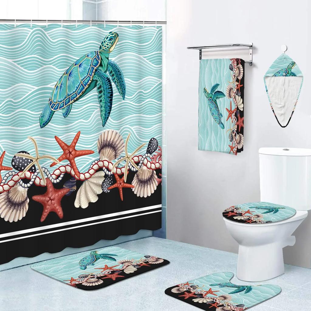 Sea Turtle Shower Curtain Set Bathroom Rug And Accessories Ocean Nautical Shower Curtain Set With Hook Durable Waterproof Fabric