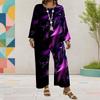 Women Plus Size Red Printed Round Neck Long Sleeve Layered Top Wide Leg Cropped Pants Two Piece Set
