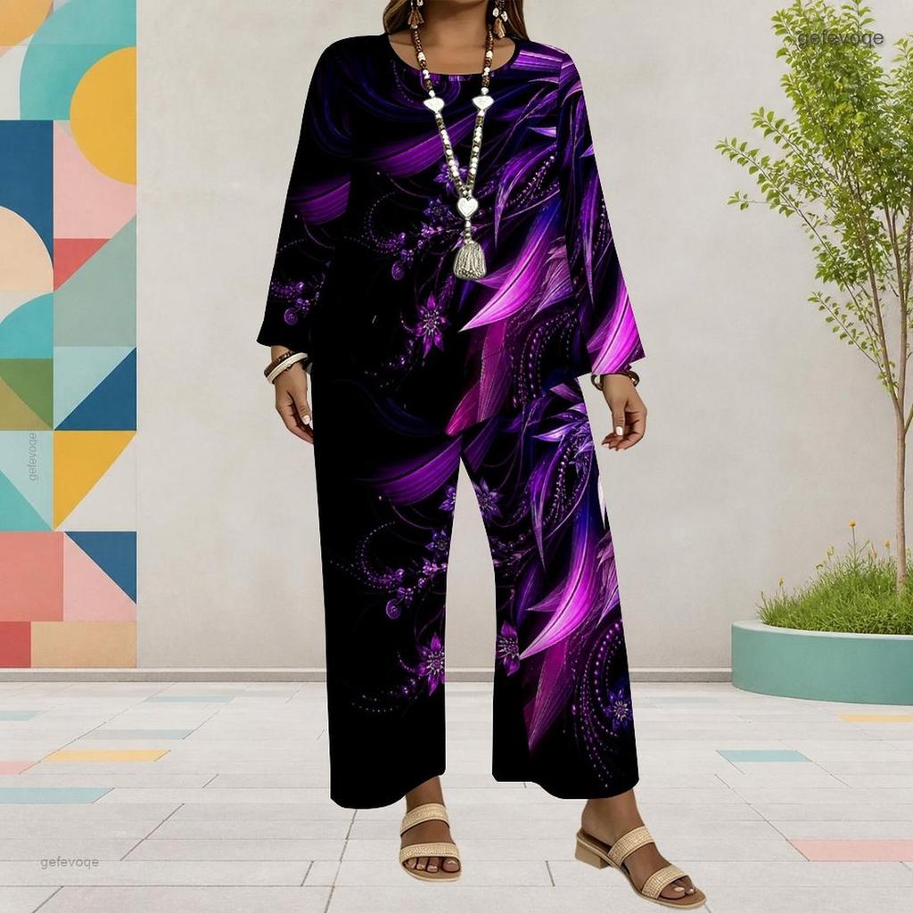 Women Plus Size Red Printed Round Neck Long Sleeve Layered Top Wide Leg Cropped Pants Two Piece Set