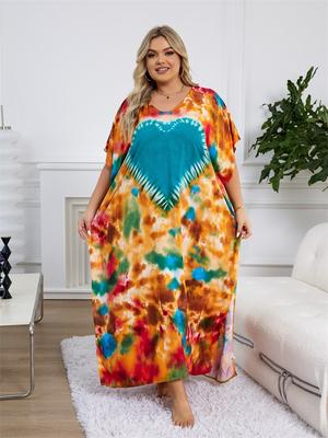 Plus Size Loose Kaftan Dresses For Women 2024 Boho Printed Vacation Beach Coverup Summer House Dress Cozy V Neck Short Sleeve Loungewear