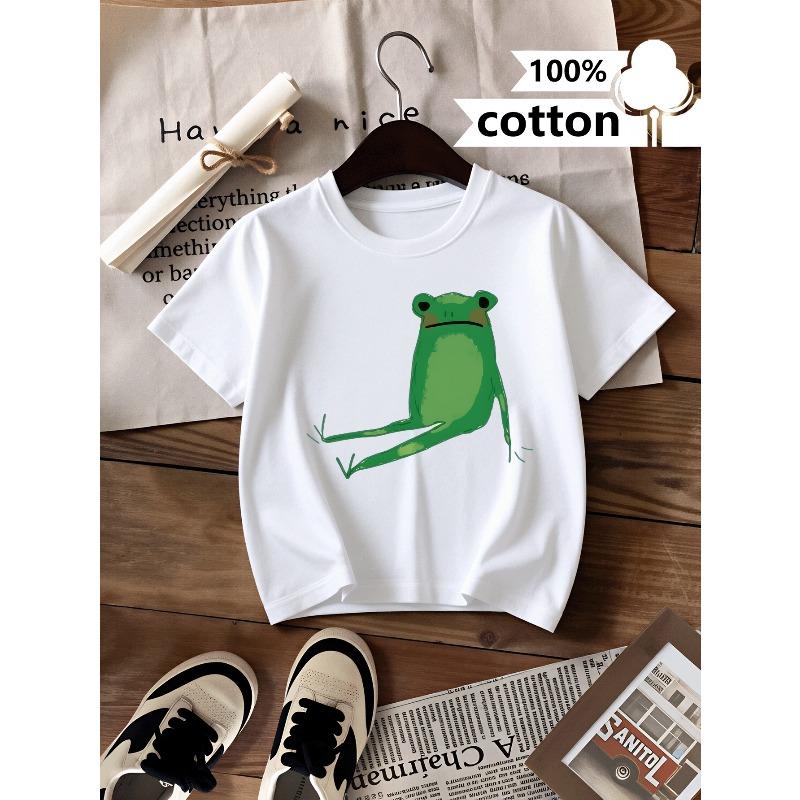 European sizes Boys T Shirt Casual Short Sleeve T-ShirtGreen Frog Sitting Pose Fun Summer Design, Regular Fit for Casual Attire, Playful Kids Fashion