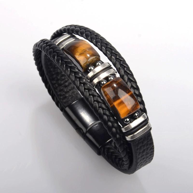 Men's Tiger Eye Woven Leather Bracelet - European & American Retro Style with Stainless Steel Handmade Jewelry.