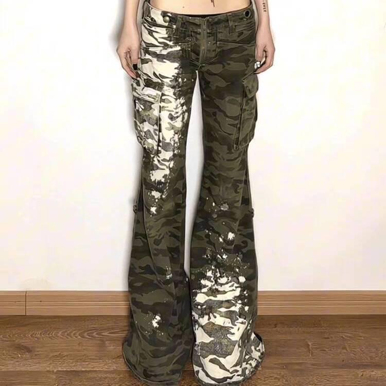 Retro Wasteland Style Spray-Paint Camouflage Women s Flare Low-Waist Denim Jeans L: 110-120 cm