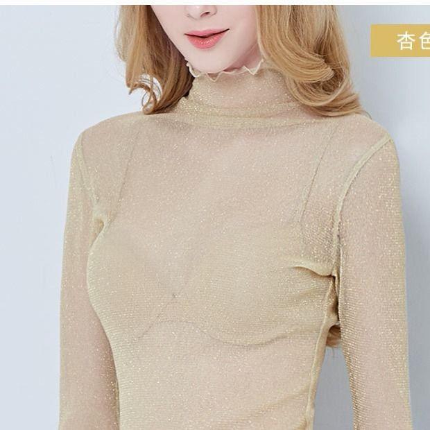 High Neck Mesh Base Shirt Sexy Single-layer Transparent Long Sleeved Inner T-shirt Ins Style Autumn Mushroom Edge Shiny Silk Top