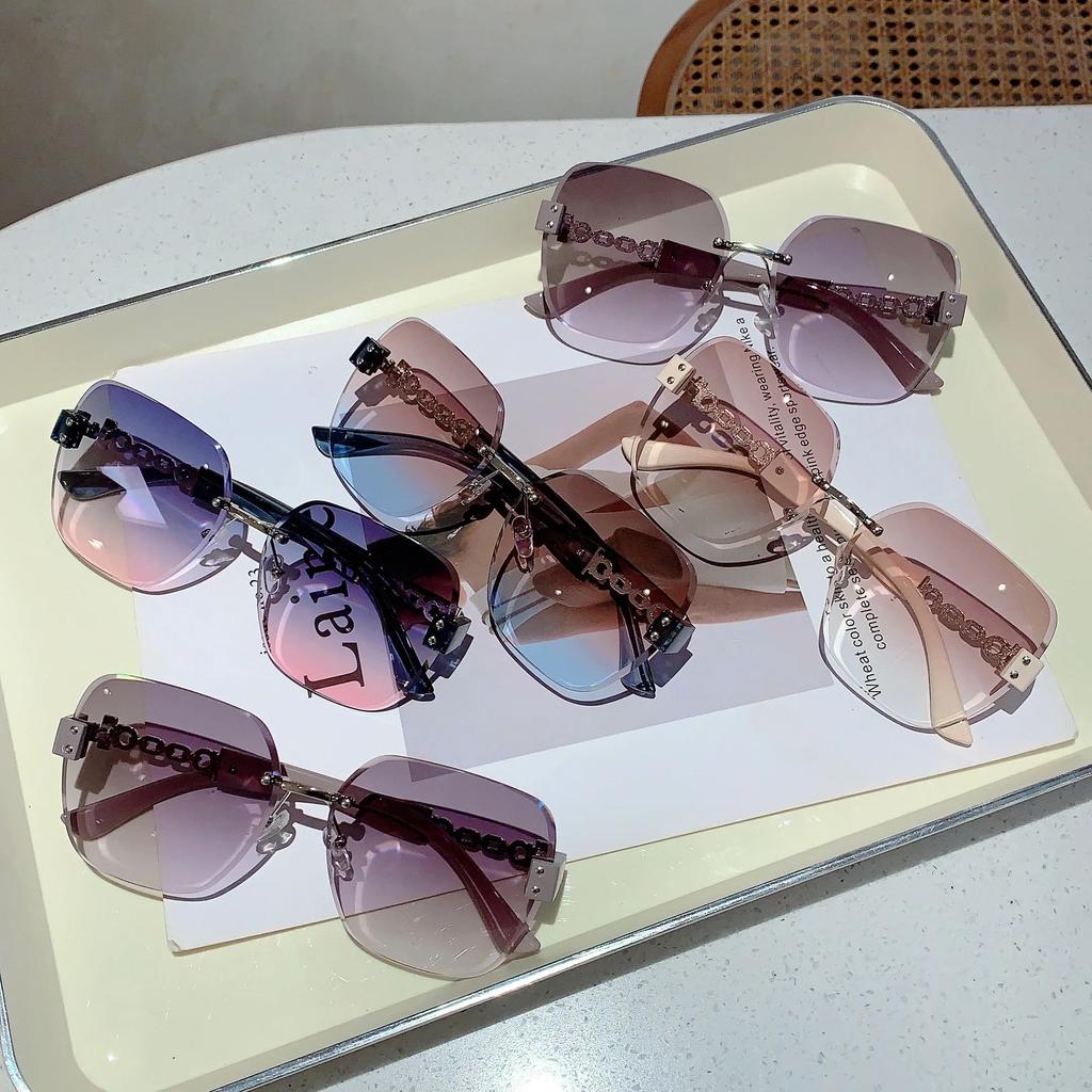 New Oversized Rimless Chain Legs Sunglasses Vintage Men Stylish Fashion Female Shades Luxury Brand Designer Eyewear