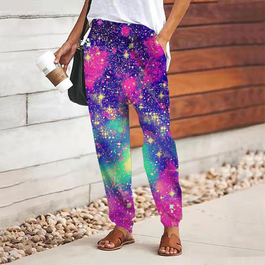 

Women Starlight Printing Pants Lace Up Elastic Waist Loose Trousers Casual Long Pants Trousers with Pockets 8XL розовый