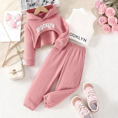 Spring and Autumn Girls Casual Three-piece Pink Hooded Sweater Turtleneck Vest Bottoming Shirt Letter Sweater Trousers