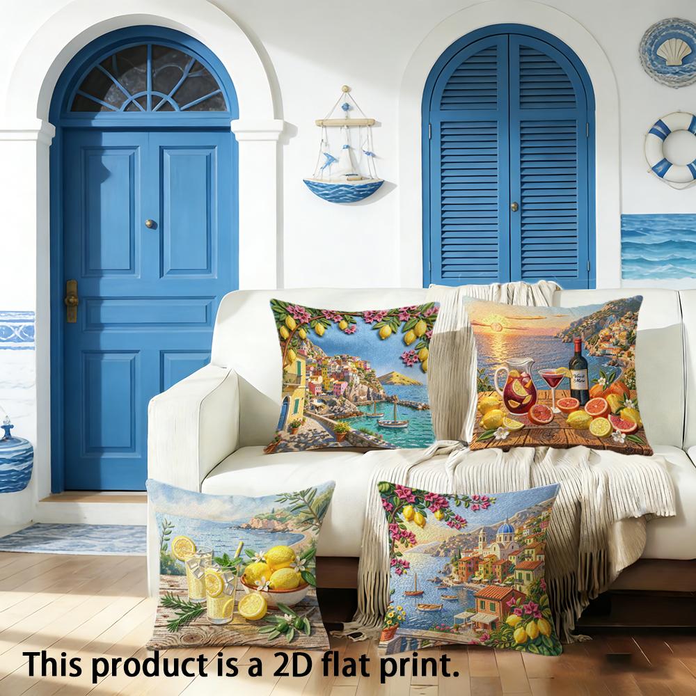 1/4Pcs Vibrant Coastal And Fruit Themed Pillowcases Sofa Bed Cushion Cover Home Bedroom Decoration, 2D Flat Printing