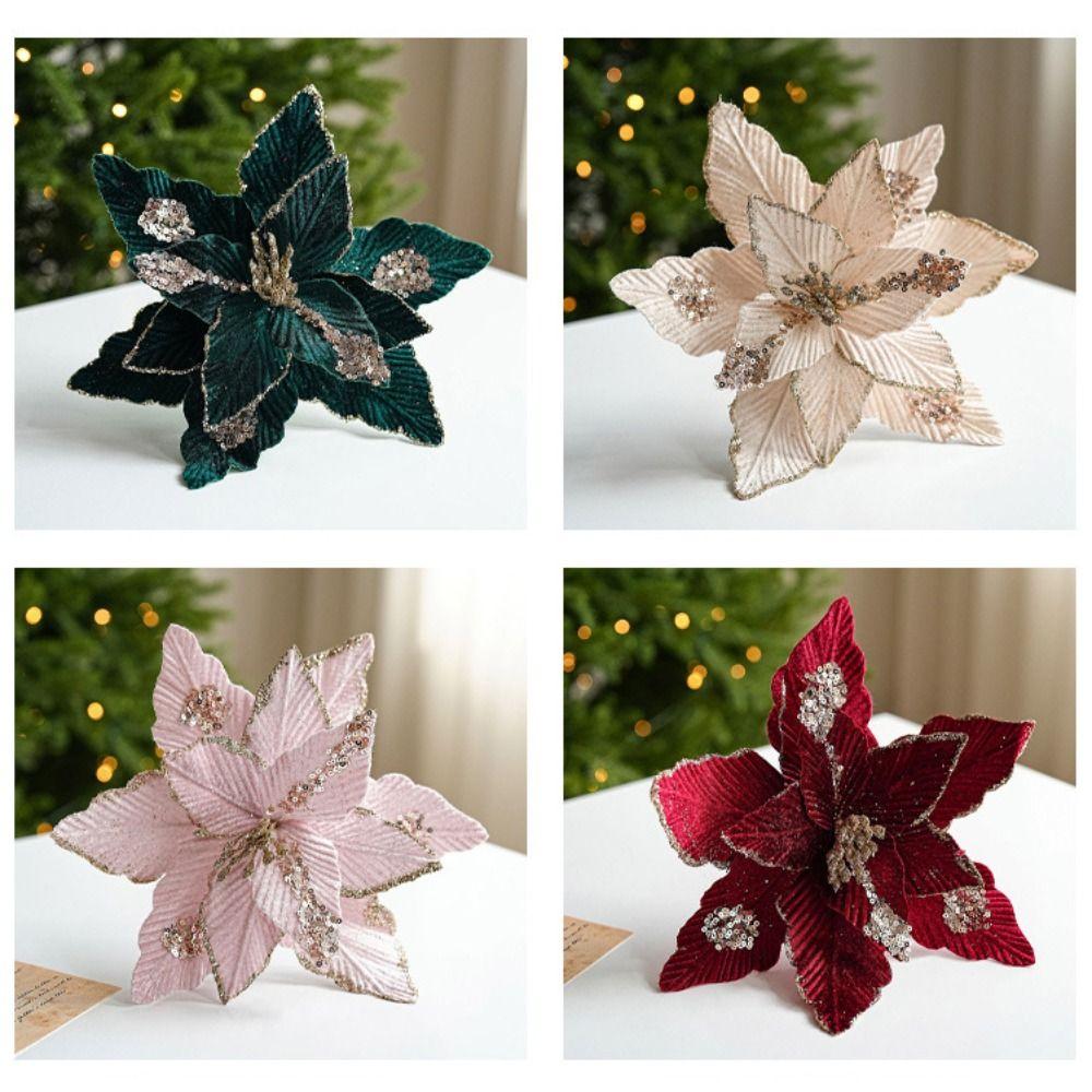 Fleece Fabric Christmas Flowers 25cm Xmas Tree Pendant Gold Glitter Flower Xmas Holiday Decor