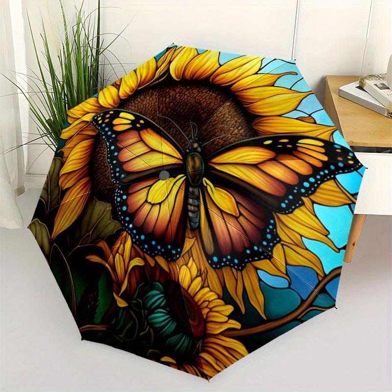 

Stained Glass Sunflower Butterfly Wall Art Decor Umbrella, Cute Umbrella with Cute Design, Portable 3-Fold Compact Umbrella for Men & Women, Valenti