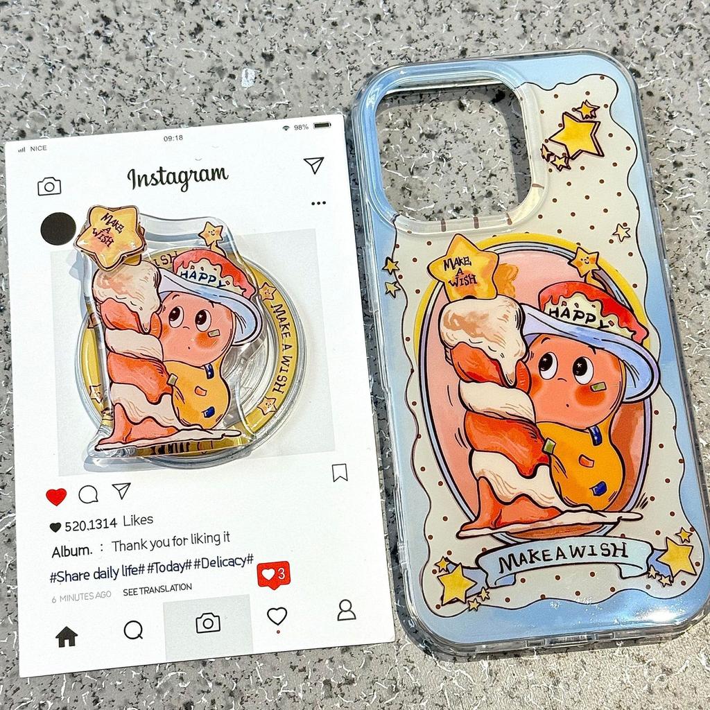 Cute Cartoon Elf Clear Phone Case with Magnetic Holder, Shockproof Cover for iPhone 16/15/14 Pro Max