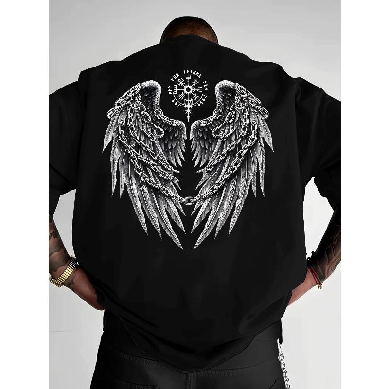 European Size Gothic Chain Wing Print T-Shirt - Gothic Wing Crew Neck Tee, Breathable Fiber, Slightly Dropped Shoulder Fit, Machine Washable