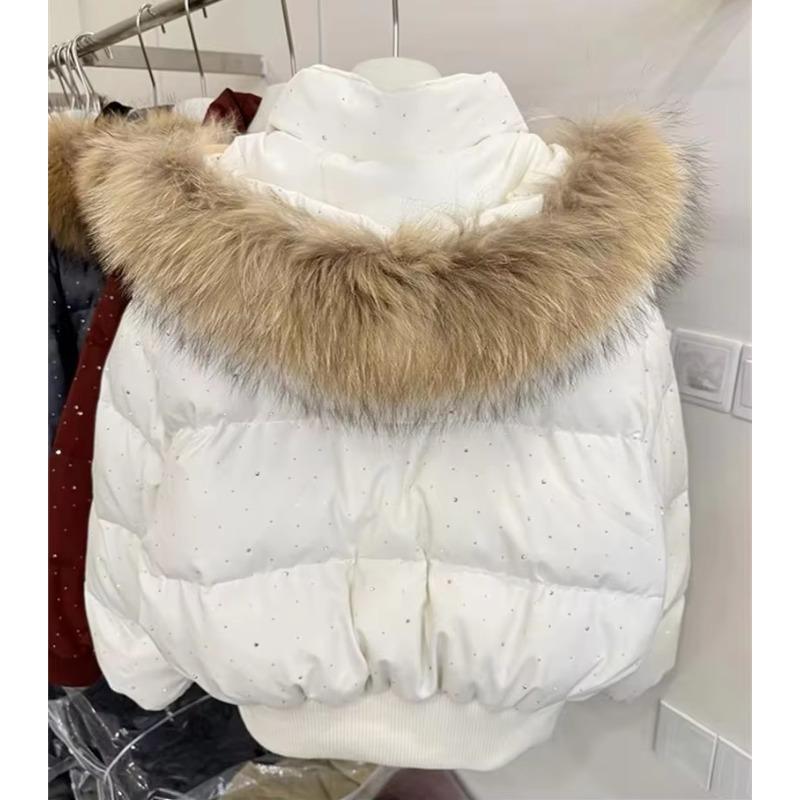 Winter Fur Collar Hooded Padded Short Coat Women Shiny Rhinestone Puffer Jacket Casual Zip Up Outerwear