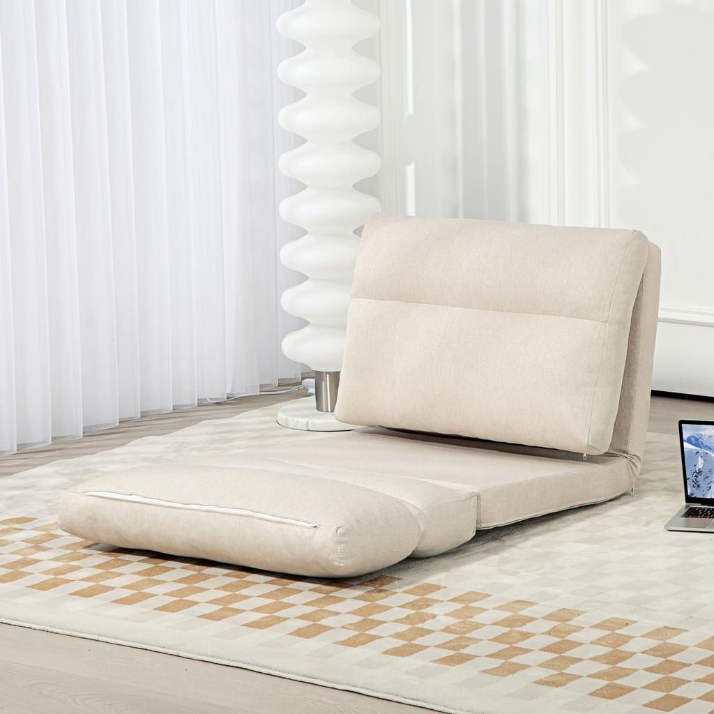 Puff com Função de Cama, Encosto Reclinável, Dobrável, até 120kg, 70 x 72 x 56 cm, Bege