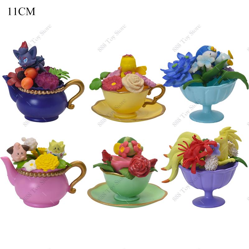 6Pcslots  Anime Figure Set Elf Ball Eevee Teacup Garden Succulent Plants Action Model Perfume Bottle Doll Toy Kids Gifts