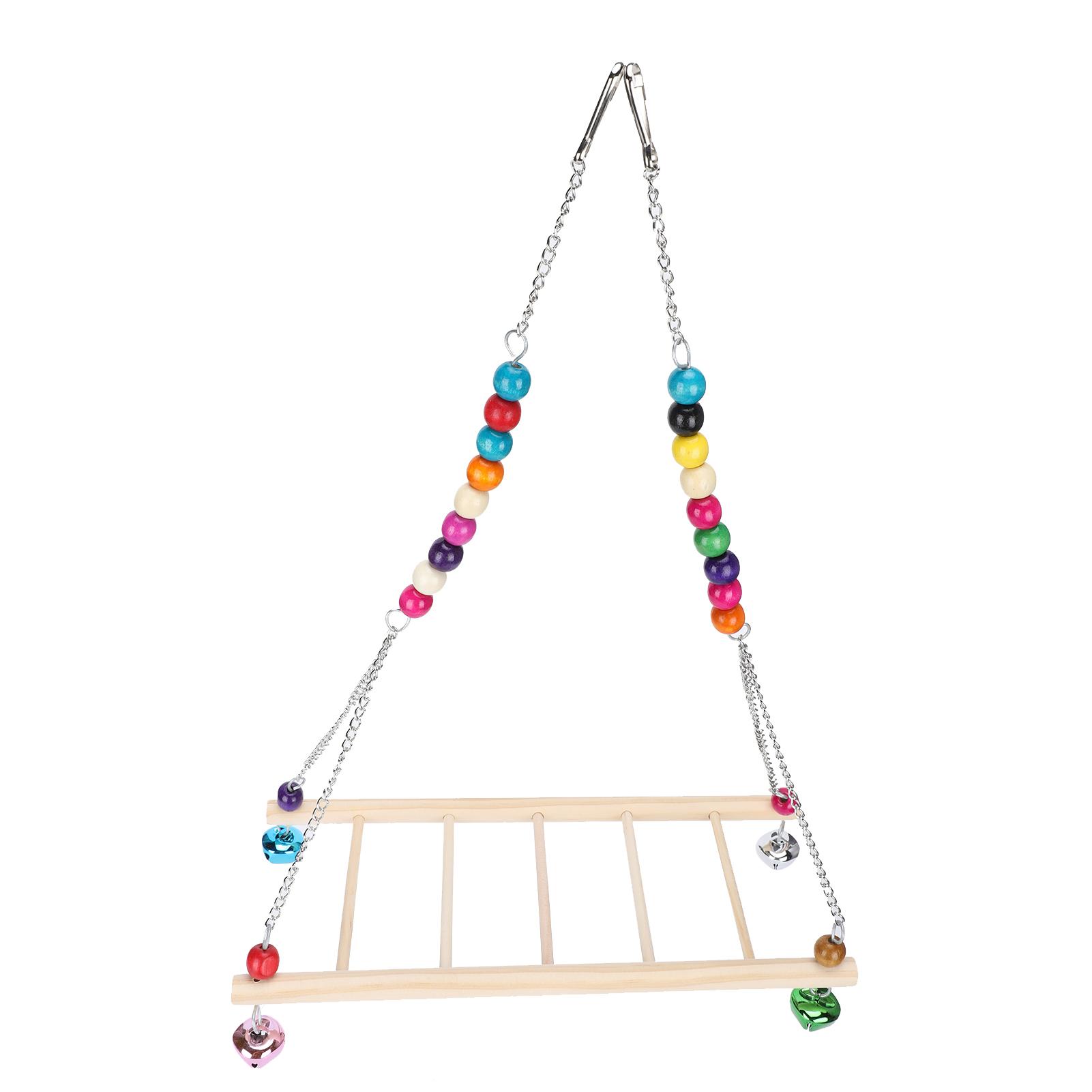 Bird Natural Wooden Chicken Swing Ladder Stand Toys Colourful Beads Chewing Biting Playing