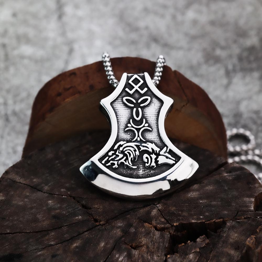 Double Wolf Head Celtic Battle Axe Pendant - Viking Rune Punk Style Titanium Steel Men's Jewelry