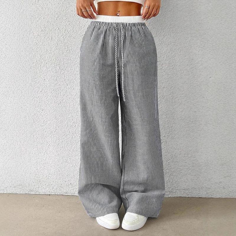 

2025 Europe and America Cross Border Fashion New Arrival Shoelace Straight-Leg Pants Women s Clothing Stripes Sweet Straight-Leg Pants Casual Pants Default