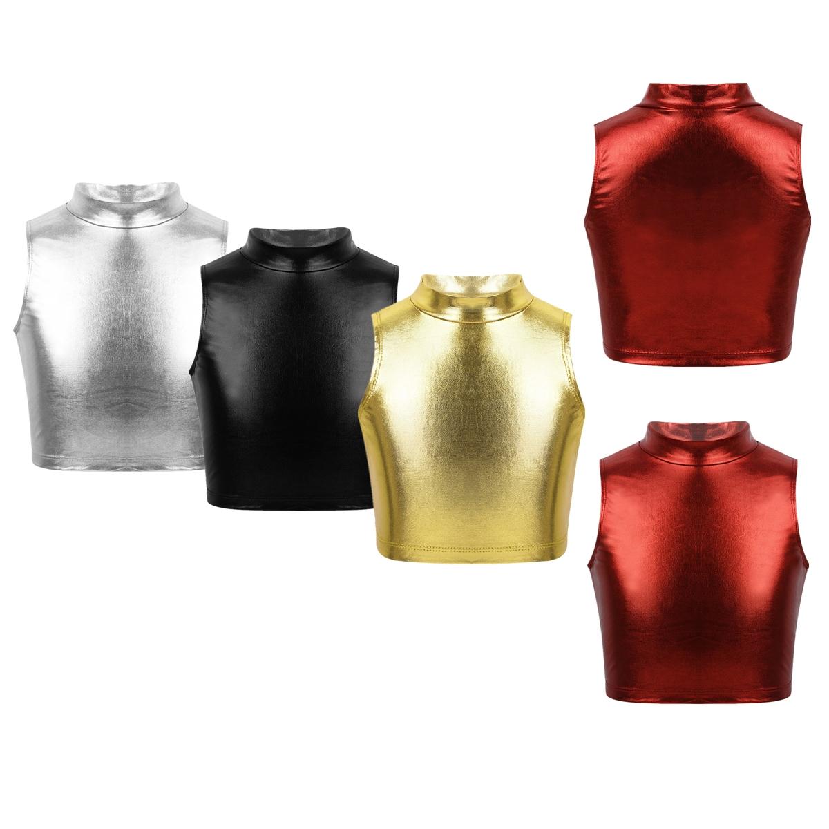 

Блискуча металева висока водолазка для великих дівчаток, укорочена майка, футболки для йоги, танців, тренажерного залу, спортивний бюстгальтер 7-8 Years золотий