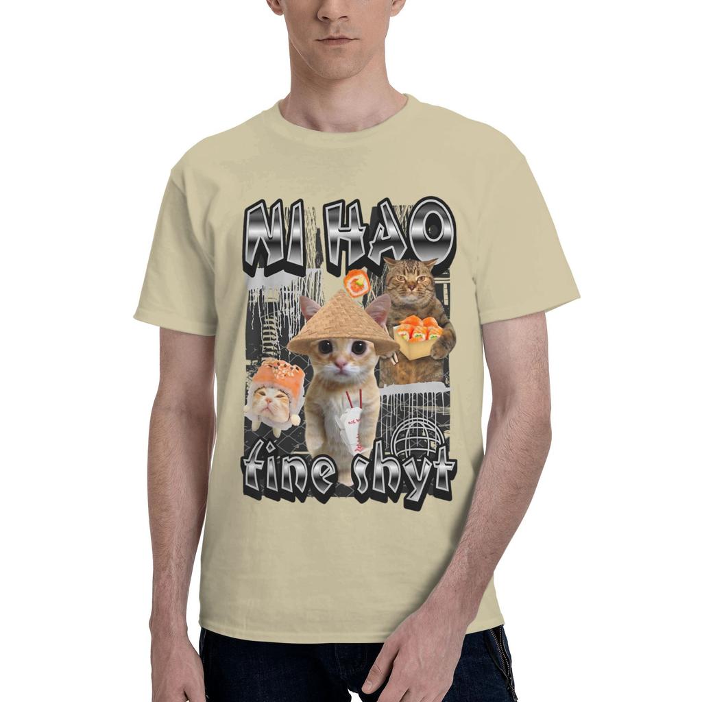 Ni Hao Fine Shyt Funny Brainrot Meme (2) Men's T Shirts  Vintage Tees Short Sleeve Crew Neck T-Shirt Pure Cotton Printed Tops