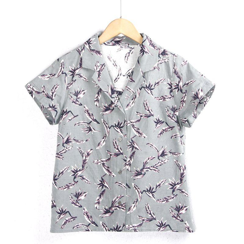 

3483 Linen Shirt Summer New Polo Collar Button Printed Short Sleeve Easiest for Match Shirts Shirts Female Export Tail Order Gray bottom Print S
